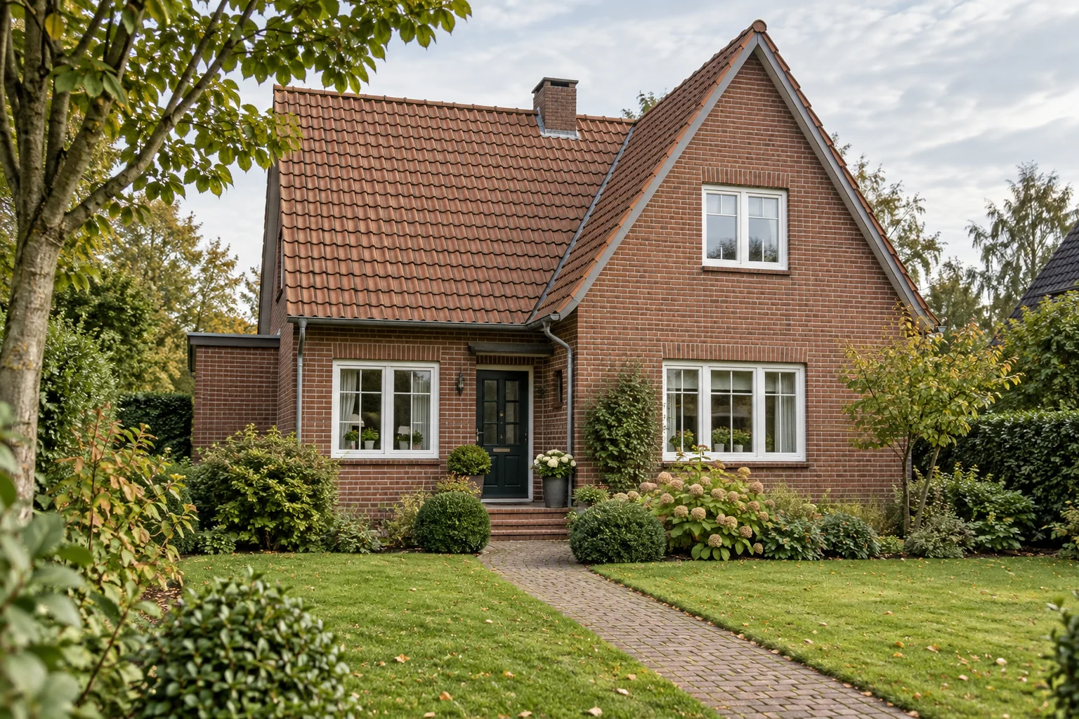 Backsteinhaus mit geneigtem Ziegeldach, Garten und kurzem Weg zum Eingang.